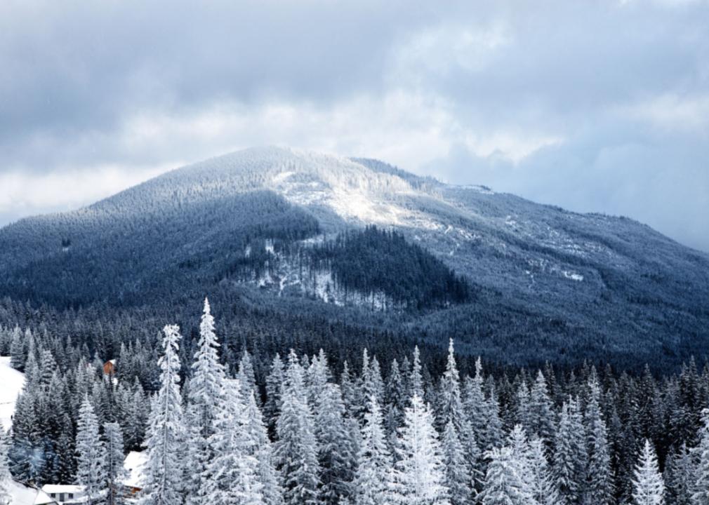 A tall mountain covered in snow with a valley landscape in the foreground.